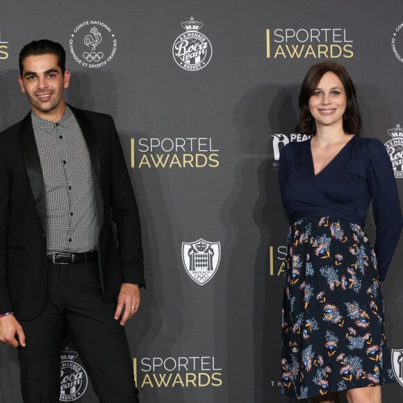 Christophe Licata, Silvia Notargiacomo, Nathalie Péchalat, présidente de la fédération française des sports de glace - Photocall et cérémonie des Sportel Awards 2020 à la salle Prince Pierre du Grimaldi Forum de Monaco. © Jean-charles Vinaj / Bestimage 