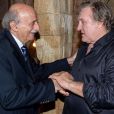 Exclusif - Gérard Depardieu avec Walid Joumblatt (leader de la communauté druze) et sa femme Nora Joumblatt (Présidente du Festival) - Gérard Depardieu s'est produit sur la scène du "Beiteddine Festival" dans le district du Chouf au Liban, le samedi 20 juillet 2019. © Nabil Ismail / Bestimage