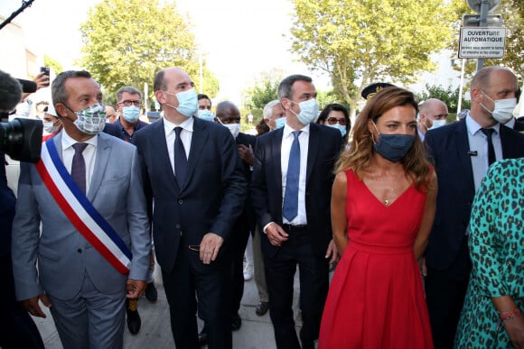 Visite du premier ministre et du ministre de la santé à la Grande-Motte le 11 Août 2020 - Jean Castex, Stephan Rossignol, maire La Grand-Mott, Olivier Véran et Coralie Dubost. © Alain Robert / Pool / Bestimage