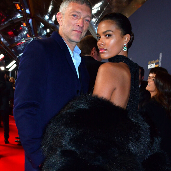 Exclusif - Vincent Cassel et sa compagne Tina Kunakey lors de l'arrivée à la 45ème cérémonie des Cesar à la salle Pleyel à Paris, le 28 février 2020. 