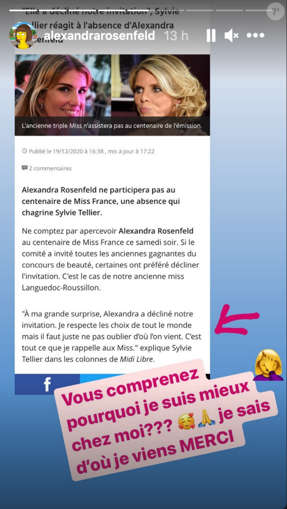Alexandra Rosenfeld absente du centenaire de Miss France - Instagram