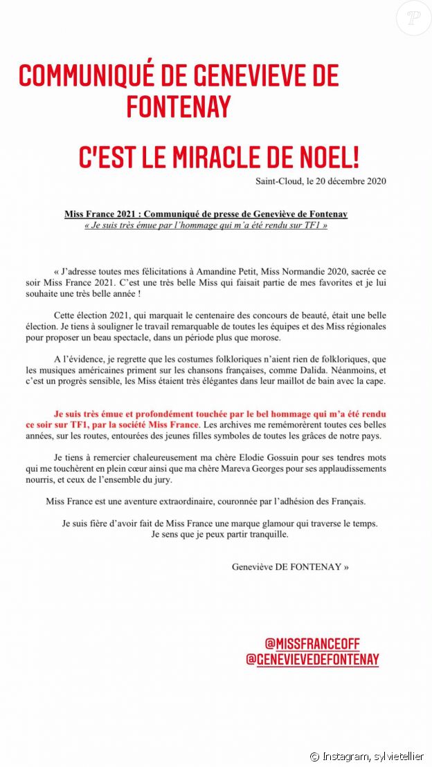 Le communiqué de Geneviève de Fontenay relayé par Sylvie Tellier sur Instagram, le 20 décembre 2020.
