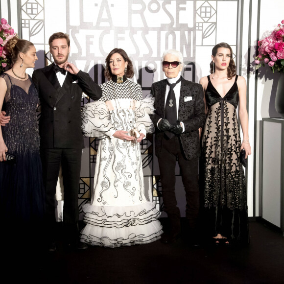 Pierre Casiraghi et sa femme Béatrice Borromeo, la princesse Caroline de Hanovre, Karl Lagerfeld et Charlotte Casiraghi - Arrivées - 63ème Bal de la Rose sur le thème de la Sécession Viennoise, imaginé par K.Lagerfeld au profit de la Fondation Princesse Grace dans la Salle des Etoiles au Sporting Monte Carlo à Monaco, le 18 mars 2017. © Pierre Villard / Palais Princier / SBM via Bestimage