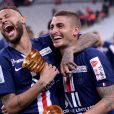 Neymar Jr et Marco Verratti - Finale de la Coupe de la Ligue 2020 "PSG - OL (6-5 TOB)" au Stade de France à Saint-Denis. Le PSG remporte la 9e Coupe de la Ligue de son histoire. Saint-Denis.