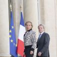 Bernard Kouchner et sa compagne Christine Ockrent à l'Elysée lors de la remise de l'insigne de Commandeur de la Légion d'Honneur à B. Gates et sa femme Melinda. Paris, le 21 avril 2017. © Pierre Perusseau/Bestimage