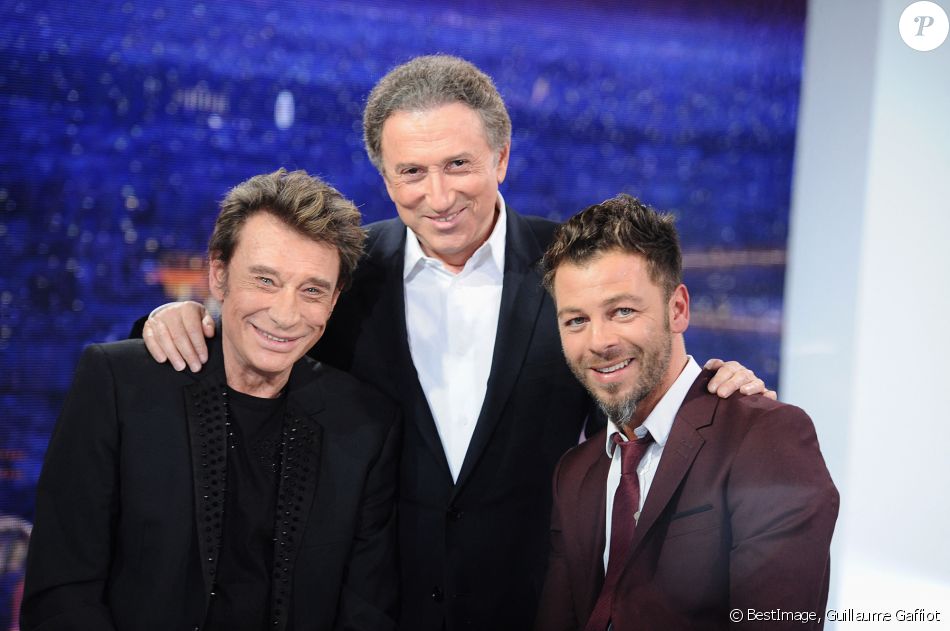 Johnny Hallyday et Christophe Maé - Enregistrement de l'émission Champs Elysées, au Studio Gabriel à Paris. Ici avec Michel Drucker. © Guillaume Gaffiot /Bestimage