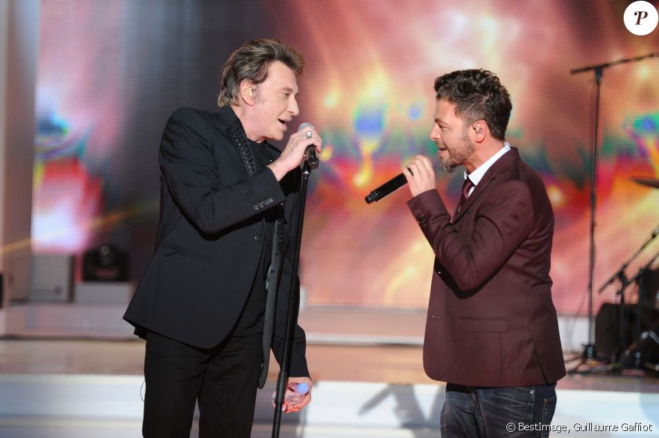 Johnny Hallyday et Christophe Maé - Enregistrement de l'émission Champs Elysées, au Studio Gabriel à Paris © Guillaume Gaffiot /Bestimage