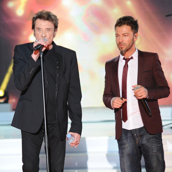 Johnny Hallyday et Christophe Maé - Enregistrement de l'émission Champs Elysées, au Studio Gabriel à Paris © Guillaume Gaffiot /Bestimage