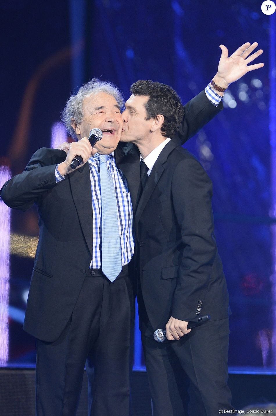 Pierre Perret et Marc Lavoine - 29e édition du Téléthon 2015 à l'hippodrome de Longchamp à Paris le 5 décembre 2015. © Coadic Guirec / Bestimage