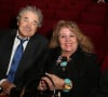 Pierre Perret et sa femme Rebecca - Représentation de la pièce de théâtre "Les Grandes Filles" au Théâtre Montparnasse en soutien à l'APREC (l'Alliance Pour la Recherche en Cancérologie) à Paris, le 31 mars 2015.
