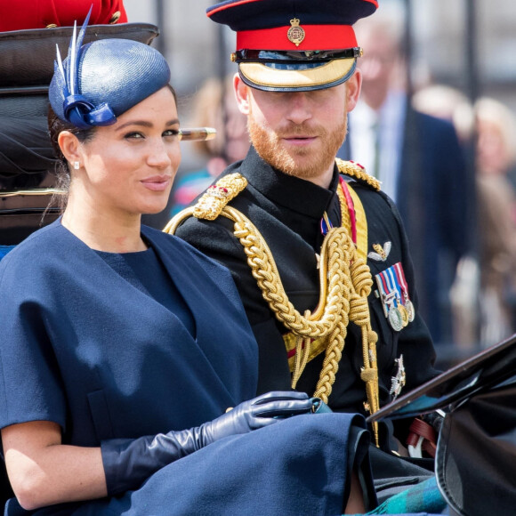 Le prince Harry, duc de Sussex, et Meghan Markle, duchesse de Sussex, première apparition publique de la duchesse depuis la naissance du bébé royal Archie lors de la parade Trooping the Colour 2019, célébrant le 93ème anniversaire de la reine Elisabeth II, au palais de Buckingham, Londres, le 8 juin 2019. 