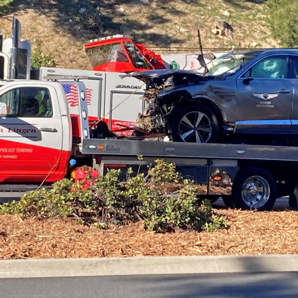 La voiture du golfeur Tiger Woods détruite après son dramatique accident en Californie, mardi 23 février 2021. Crédit photo : Keiran Southern/PA Wire.