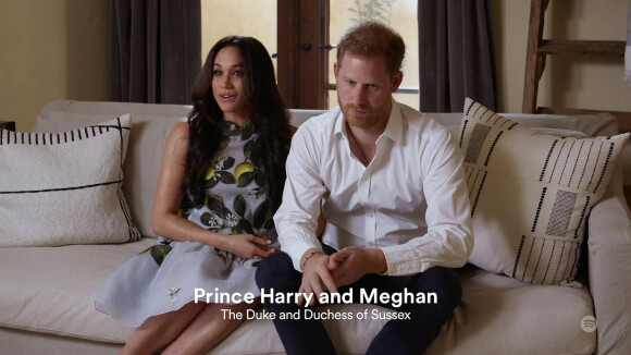Le prince Harry et Meghan Markle (Robe Oscar de la Renta), duc et duchesse de Sussex, font leur première apparition en podcast sur Spotify depuis l'annonce de la deuxième grossesse de Meghan
