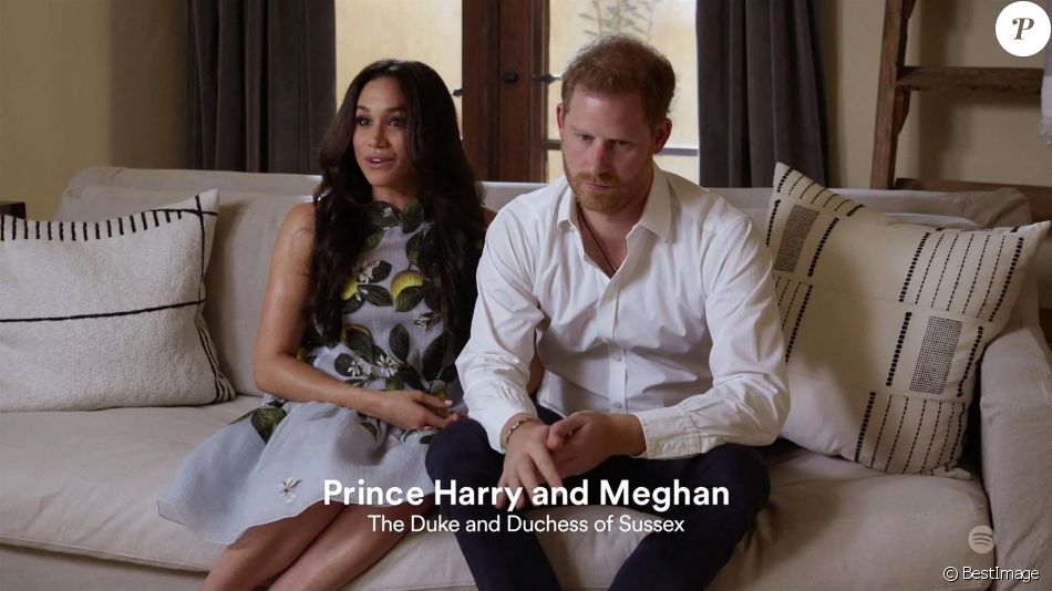 Le prince Harry et Meghan Markle (Robe Oscar de la Renta), duc et duchesse de Sussex, font leur première apparition en podcast sur Spotify depuis l'annonce de la deuxième grossesse de Meghan