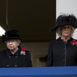 La reine Elisabeth II d'Angleterre, le prince Philip, duc d'Edimbourg et Camilla Parker Bowles, duchesse de Cornouailles - La famille royale britannique participe à la cérémonie du Remembrance Sunday à Londres, Royaume Uni, le 12 novembre 2017.