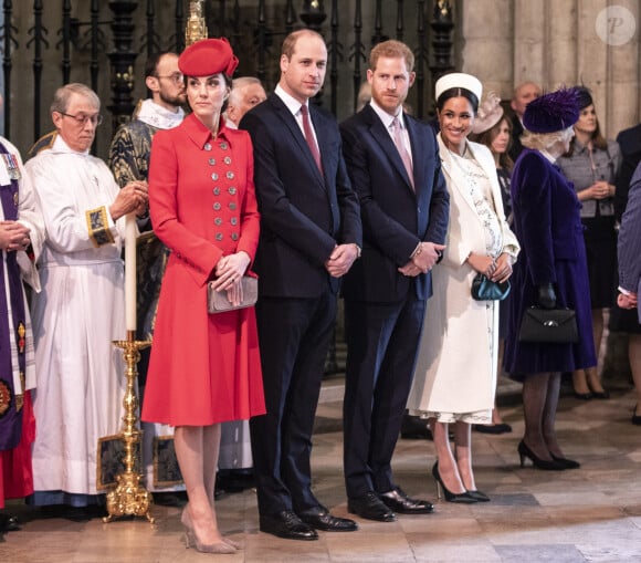 Kate Middleton, duchesse de Cambridge, le prince William, duc de Cambridge, le prince Harry, duc de Sussex, Meghan Markle, enceinte, duchesse de Sussex, lors de la messe en l'honneur de la journée du Commonwealth à l'abbaye de Westminster à Londres le 11 mars 2019.