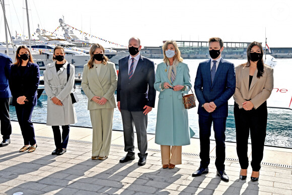 Exclusif - Le prince Albert II de Monaco et sa famille lors du baptême de la navette Monaco One qui reliera les ports de Monaco et Vintimille, à Monaco, le 8 mars 2021. La navette maritime "Monaco One" ralliera Monaco à Vintimille en dix minutes. © Bruno Bebert/ PRM / Bestimage 