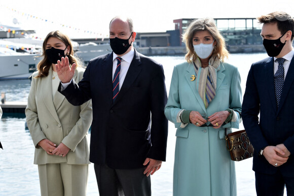 Exclusif - Le prince Albert II de Monaco et sa famille lors du baptême de la navette Monaco One qui reliera les ports de Monaco et Vintimille, à Monaco, le 8 mars 2021. La navette maritime "Monaco One" ralliera Monaco à Vintimille en dix minutes. © Bruno Bebert/ PRM / Bestimage 