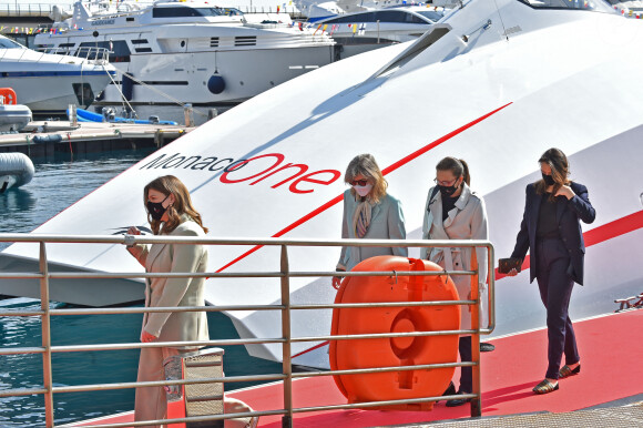 Exclusif - Le prince Albert II de Monaco et sa famille lors du baptême de la navette Monaco One qui reliera les ports de Monaco et Vintimille, à Monaco, le 8 mars 2021. La navette maritime "Monaco One" ralliera Monaco à Vintimille en dix minutes. © Bruno Bebert/ PRM / Bestimage 