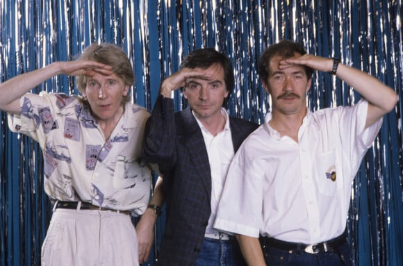 En France, à Paris, en studio, Gérard Fillipelli, Gérard Rinaldi et Jean Sarrus, membres du groupe comique Les Charlots en 1985.