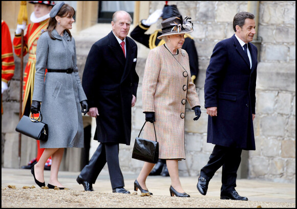 Carla Bruni, Nicolas Sarkozy, Elizabeth II et le Prince Philip - Visite officielle au Château de Windsor - 2008.