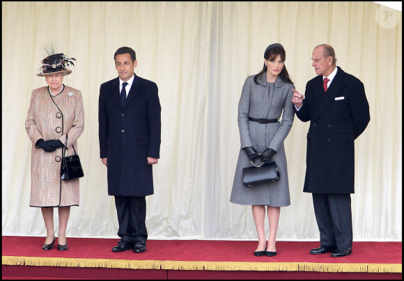 Carla Bruni, Nicolas Sarkozy, Elizabeth II et le Prince Philip - Visite officielle au Château de Windsor - 2008. 
