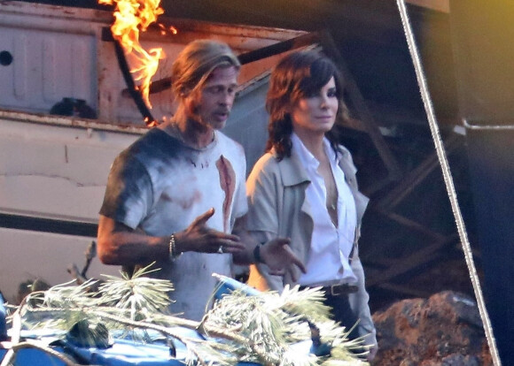 Exclusif - Brad Pitt, Sandra Bullock - Tournage du film "Bullet Train" à Los Angeles. Le 6 mars 2021 