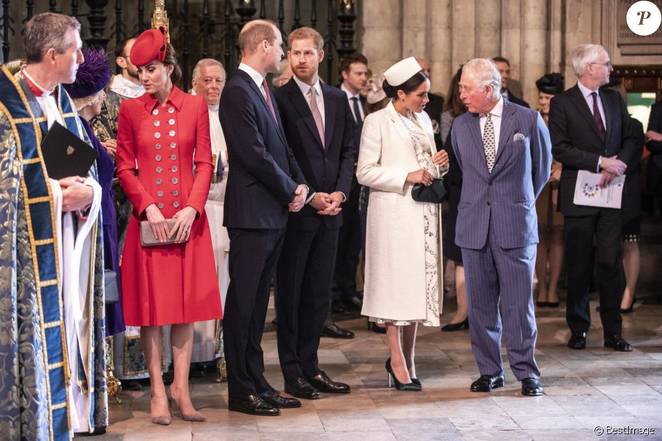 Catherine Kate Middleton, duchesse de Cambridge, le prince William, duc de Cambridge, le prince Harry, duc de Sussex, Meghan Markle, enceinte, duchesse de Sussex, le prince Charles, prince de Galles lors de la messe en l'honneur de la journée du Commonwealth à l'abbaye de Westminster à Londres le 11 mars 2019.