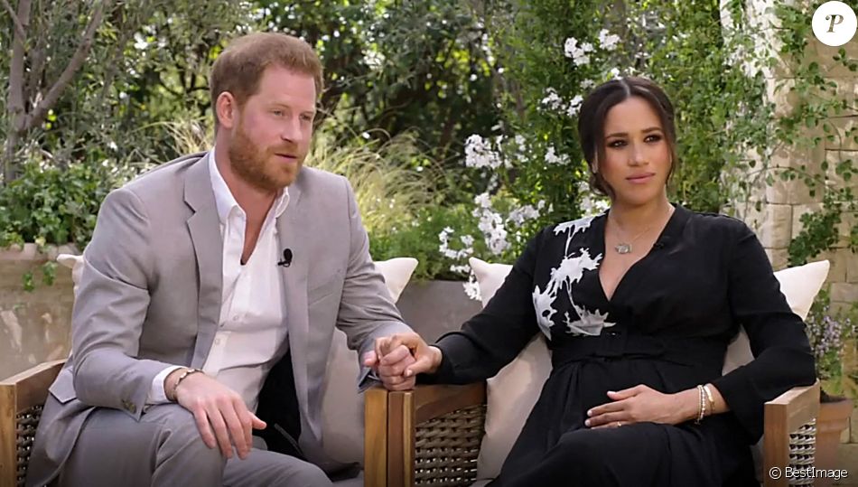 Meghan Markle et le prince Harry lors de l'entretien "Meghan & Harry" avec la présentatrice américaine Oprah Winfrey, diffusé le 7 mars 2021. © Capture TV CBS via Bestimage