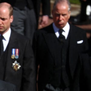 Le prince Charles, prince de Galles, le prince Andrew, duc d'York, le prince William, duc de Cambridge, Peter Phillips, la princesse Anne - Arrivées aux funérailles du prince Philip, duc d'Edimbourg à la chapelle Saint-Georges du château de Windsor, le 17 avril 2021. 