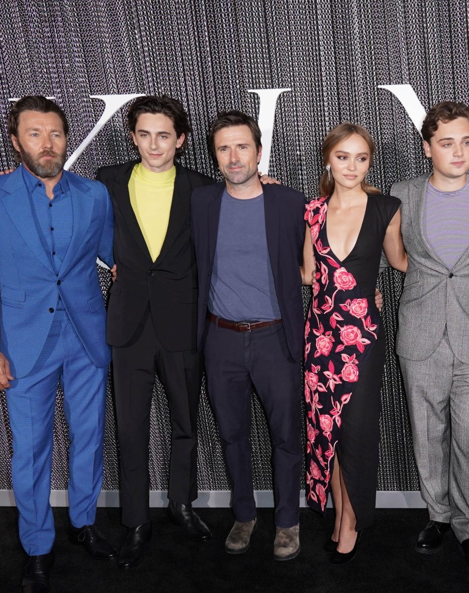 Joel Edgerton, Timothée Chalamet, David Michôd, Lily-Rose Depp, Dean-Charles Chapman, Liz Watts, Sarah Bowen et Nicholas Britell à la projection du film "The King" à New York, le 1er octobre 2019.
