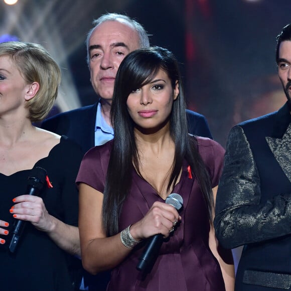 Mariage - Zaho et Florent Mothe sont mariés - Exclusif - No Web No Blog - Maya Lauqué (enceinte), Florent Mothe et Zaho - Enregistrement de l'émission "La Télé Chante Pour le Sidaction" aux théâtre des Folies Bergère à Paris. L'émission sera diffusée sur France 2 le 28 mars