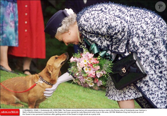 La reine Elizabeth II caresse un corgi lors d'une visite en mai 1998.