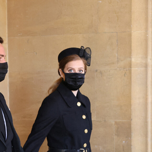 La princesse Beatrice d'York et son mari Edoardo Mapelli Mozzi - Arrivées aux funérailles du prince Philip, duc d'Edimbourg à la chapelle Saint-Georges du château de Windsor, le 17 avril 2021. 