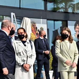 Exclusif - Le prince Albert II de Monaco, la princesse Stéphanie de Monaco, Camille Gottlieb (marraine de Monaco One) et Jean Raymond Gottlieb lors du baptême de la navette Monaco One qui reliera les ports de Monaco et Vintimille, à Monaco, le 8 mars 2021. La navette maritime "Monaco One" ralliera Monaco à Vintimille en dix minutes. © Bruno Bebert/ PRM / Bestimage