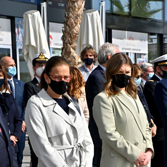 Exclusif - La princesse Stéphanie de Monaco, Camille Gottlieb (marraine de Monaco One) et Jean Raymond Gottlieb lors du baptême de la navette Monaco One qui reliera les ports de Monaco et Vintimille, à Monaco, le 8 mars 2021. La navette maritime "Monaco One" ralliera Monaco à Vintimille en dix minutes. © Bruno Bebert/ PRM / Bestimage