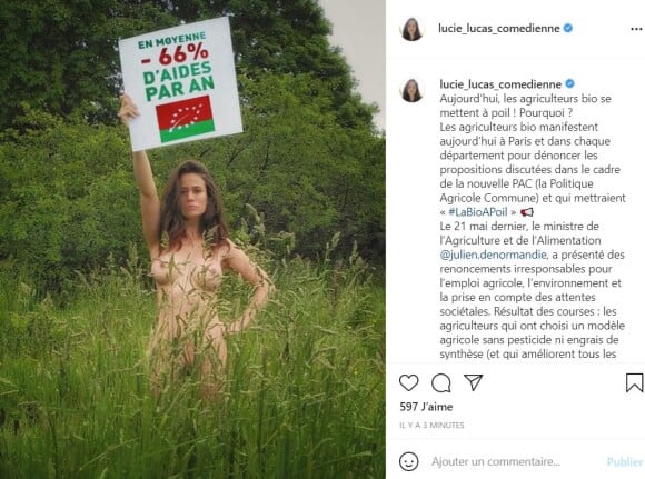 Lucie Lucas nue sur Instagram pour la bonne cause, le 2 juin 2021