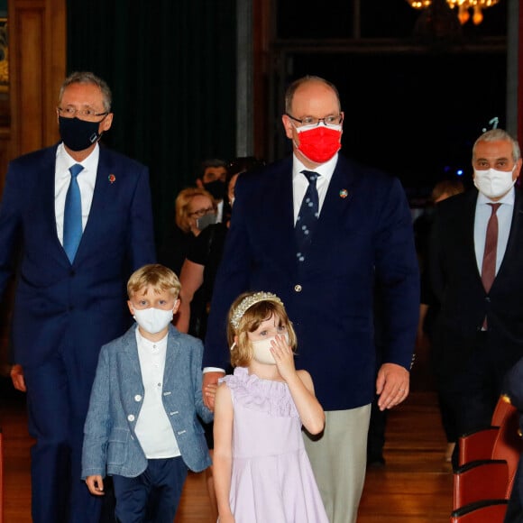 Le prince Albert II de Monaco, ses enfants la princesse Gabriella, le prince héréditaire Jacques de Monaco lors du lancement du programme "Océano pour Tous" au Musée Océanographique de Monaco, le 1er juin 2021. © Claudia Albuquerque / Bestimage