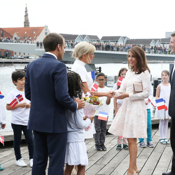 Le président Emmanuel Macron, sa femme Brigitte Macron, le prince Joachim de Danemark, la princesse Marie - Arrivées à la réception de retour offerte en l'honneur de S.M la reine Margrethe II de Danemark par le président de la république sur le parvis du théâtre royal de Copenhague le 29 août 2018. © Dominique Jacovides / Bestimage