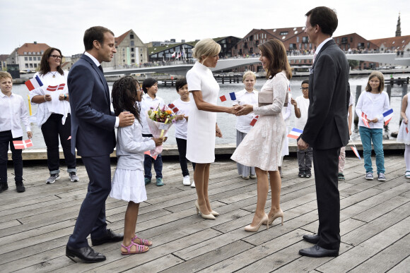 Le président Emmanuel Macron, sa femme Brigitte Macron, le prince Joachim de Danemark, la princesse Marie - Arrivées à la réception de retour offerte en l'honneur de S.M la reine Margrethe II de Danemark sur le parvis du théâtre royal de Copenhague le 29 août 2018.