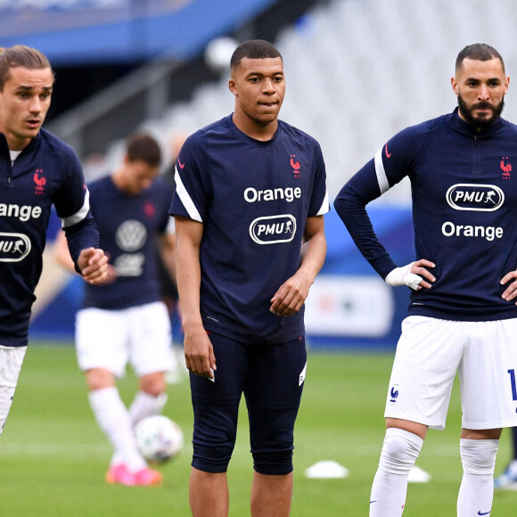 Antoinev Griezmann, Kylian Mbappé et Karim Benzema - Match amical de préparation à l'Euro 2021 France - Bulgarie au Stade de France, à Saint-Denis le 8 juin 2021. © Philippe Lecoeur / Panoramic / Bestimage