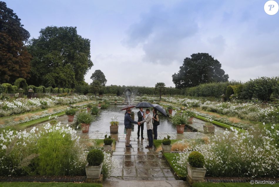 Le prince William, duc de Cambridge et le prince Harry lors d'une promenade dans les jardins du palais de Kensington pour saluer la mémoire de Lady Diana à Londres le 30 août 2017.