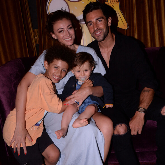 Rachel Legrain-Trapani (Miss France 2007), son compagnon Valentin Leonard et leurs fils Gianni et Andréa lors de la soirée de lancement de l'application Nanaba à l'hôtel Barrière Le Fouquet's de Paris, France, le 18 juin 2021. © Rachid Bellak/Bestimage