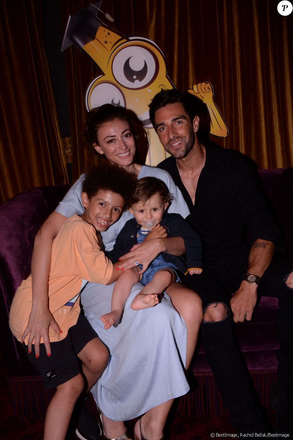 Rachel Legrain-Trapani (Miss France 2007), son compagnon Valentin Leonard et leurs fils Gianni et Andréa lors de la soirée de lancement de l'application Nanaba à l'hôtel Barrière Le Fouquet's de Paris, France, le 18 juin 2021. © Rachid Bellak/Bestimage