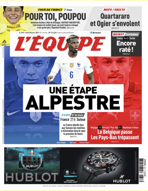 Couverture du journal L'Équipe du 28 juin 2021.