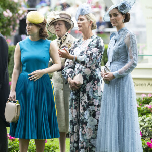 La princesse Eugenie d'York, La princesse Anne, Zara Phillips (Zara Tindall), Catherine, Duchess of Cambridge - La famille royale britannique et les souverains néerlandais lors de la première journée des courses d'Ascot 2019, à Ascot, Royaume Uni, le 18 juin 2019.