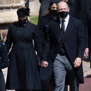 Zara Phillips (Tindall) et Mike Tindall - Arrivées aux funérailles du prince Philip, duc d'Edimbourg à la chapelle Saint-Georges du château de Windsor, le 17 avril 2021.