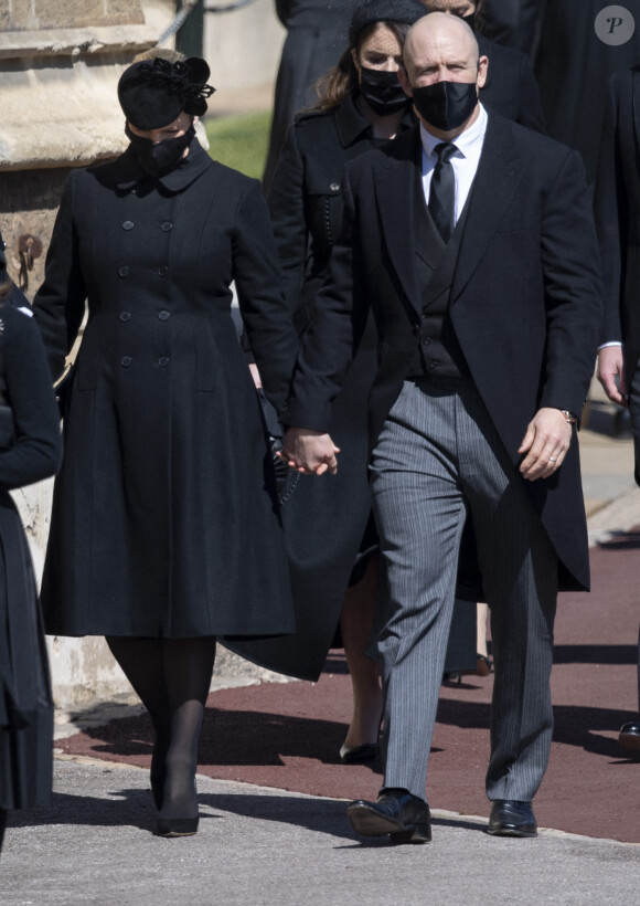 Zara Phillips (Tindall) et Mike Tindall - Arrivées aux funérailles du prince Philip, duc d'Edimbourg à la chapelle Saint-Georges du château de Windsor, le 17 avril 2021.