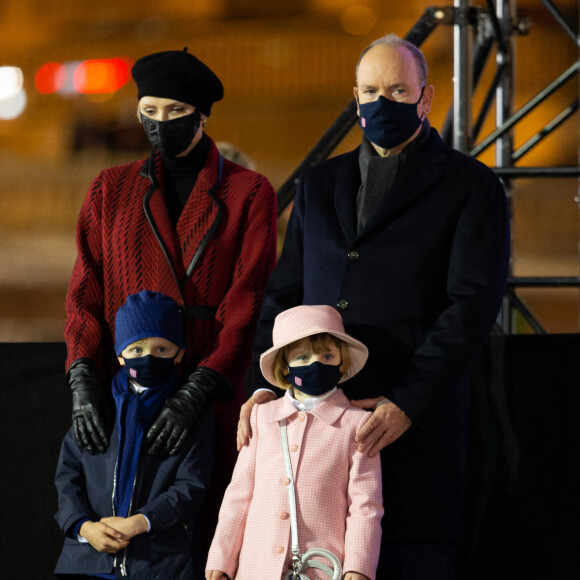 Le prince Albert II de Monaco, sa femme la princesse Charlene et leurs enfants le prince héréditaire Jacques et la princesse Gabriella durant la célébration de la Sainte Dévote, Sainte patronne de Monaco, à Monaco le 26 janvier 2021. © Olivier Huitel / Pool Monaco /Bestimage