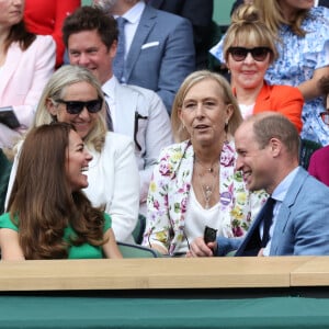 Kate Middleton, duchesse de Cambridge, et son mari le prince William, duc de Cambridge, assistent à la finale simple dames de Wimbledon opposant l'Australienne Ashleigh Barty à la Tchèque Karolína Plíšková. Londres, le 10 juillet 2021.